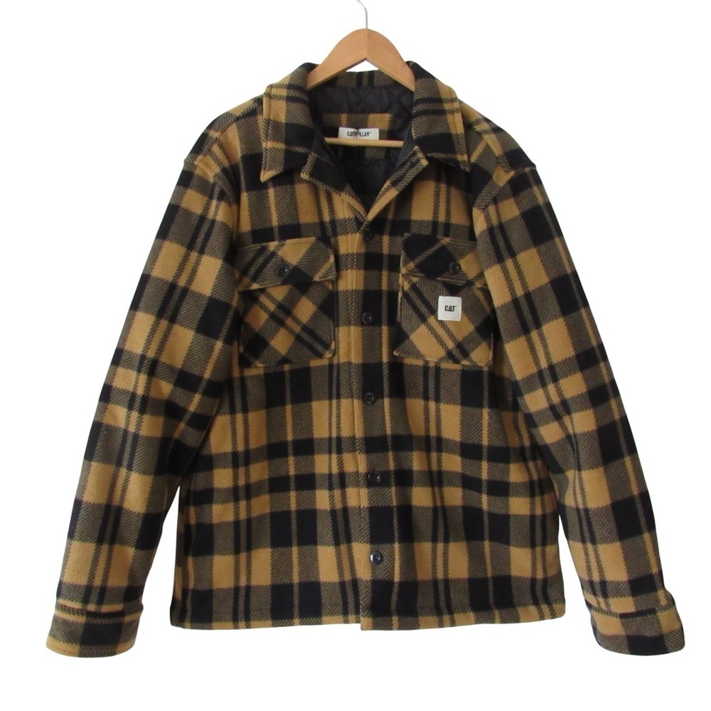 Caterpillar CAT Yellow Plaid Flannel Shirt Shacket XL Warm Button Closure Winter